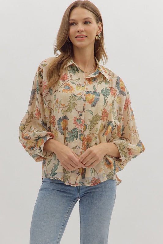 Floral print button-down top featuring dropped shoulders