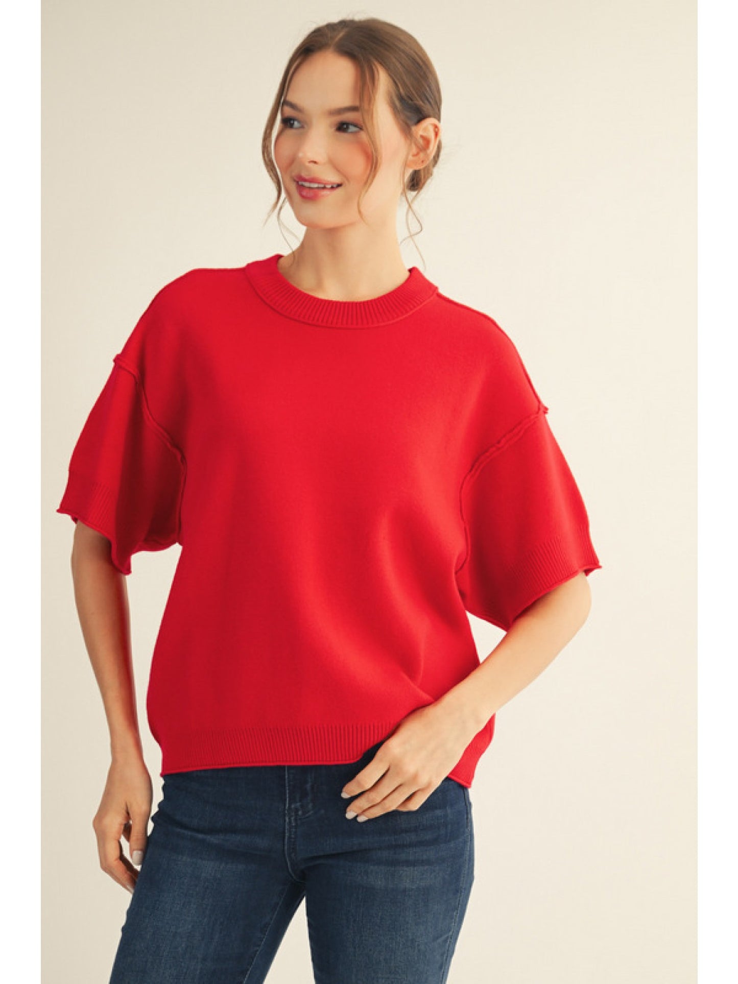 Drop shoulder comfy sweater top with raw edge detail