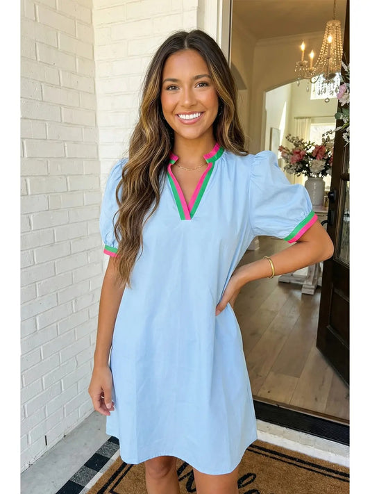 Contrast striped notched puff sleeve mini dress