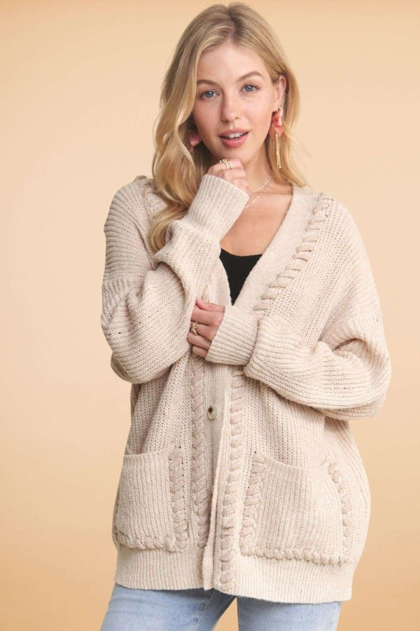 Long sleeve button down sweater cardigan with stitch accents