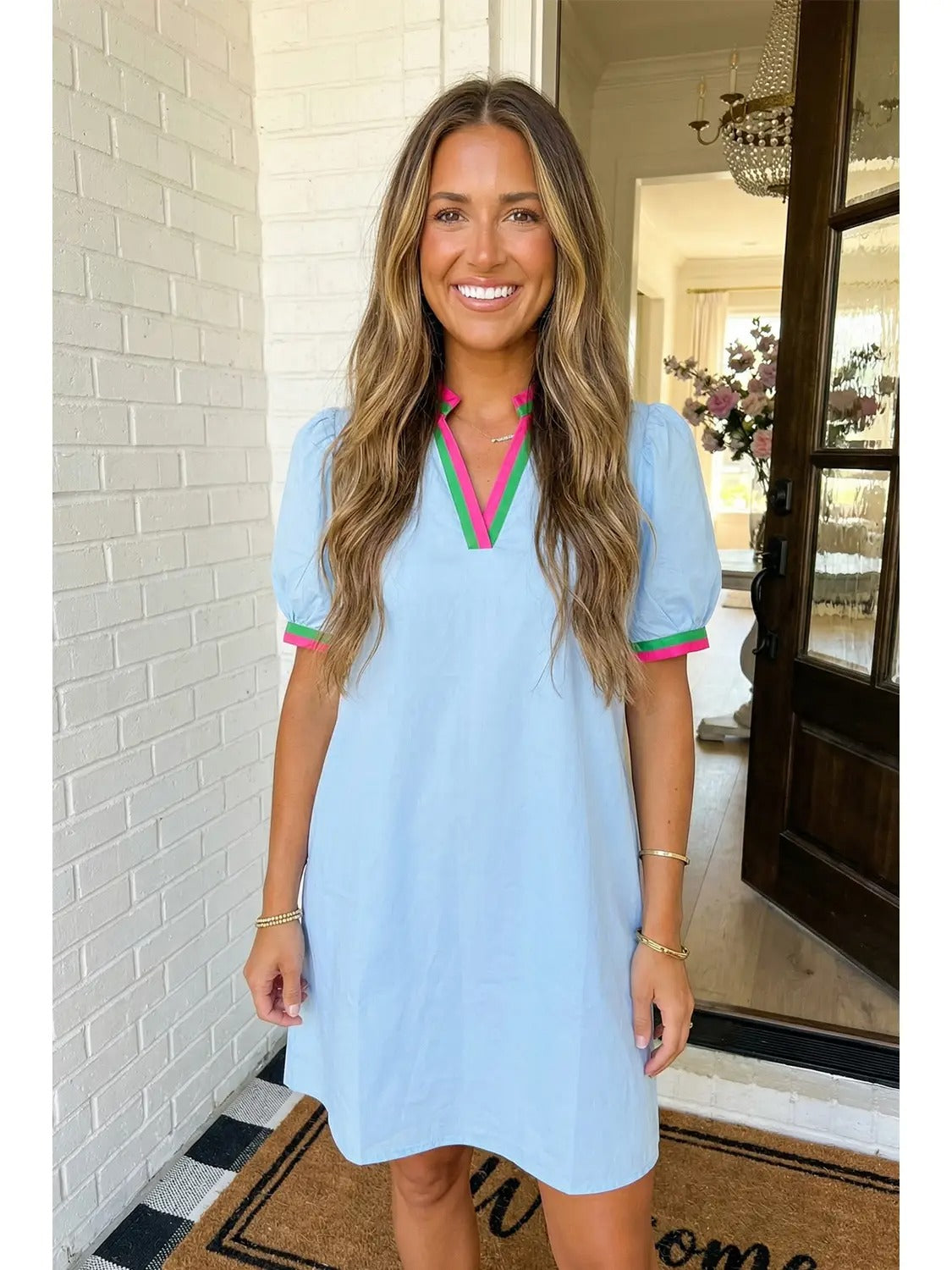 Contrast striped notched puff sleeve mini dress