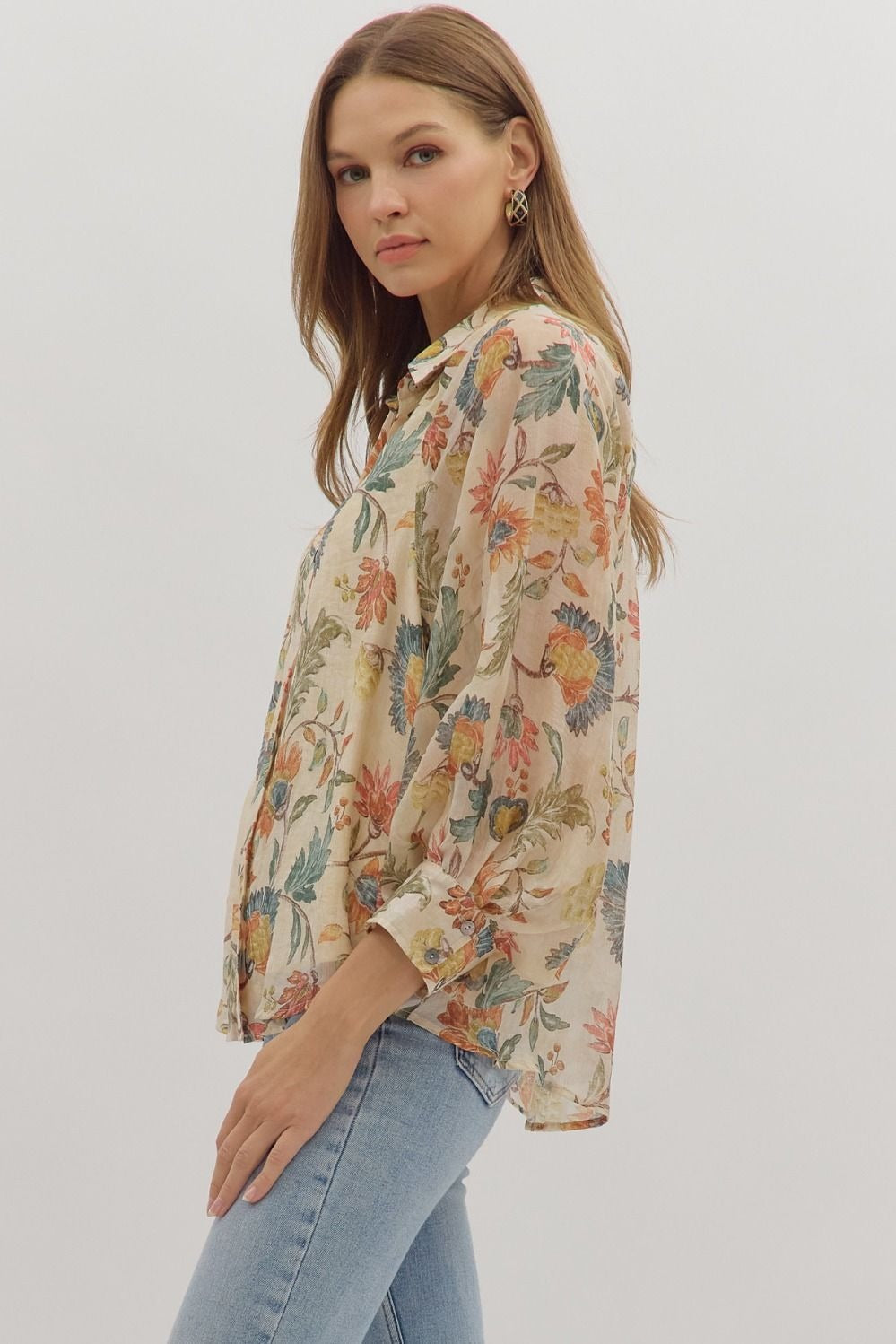 Floral print button-down top featuring dropped shoulders