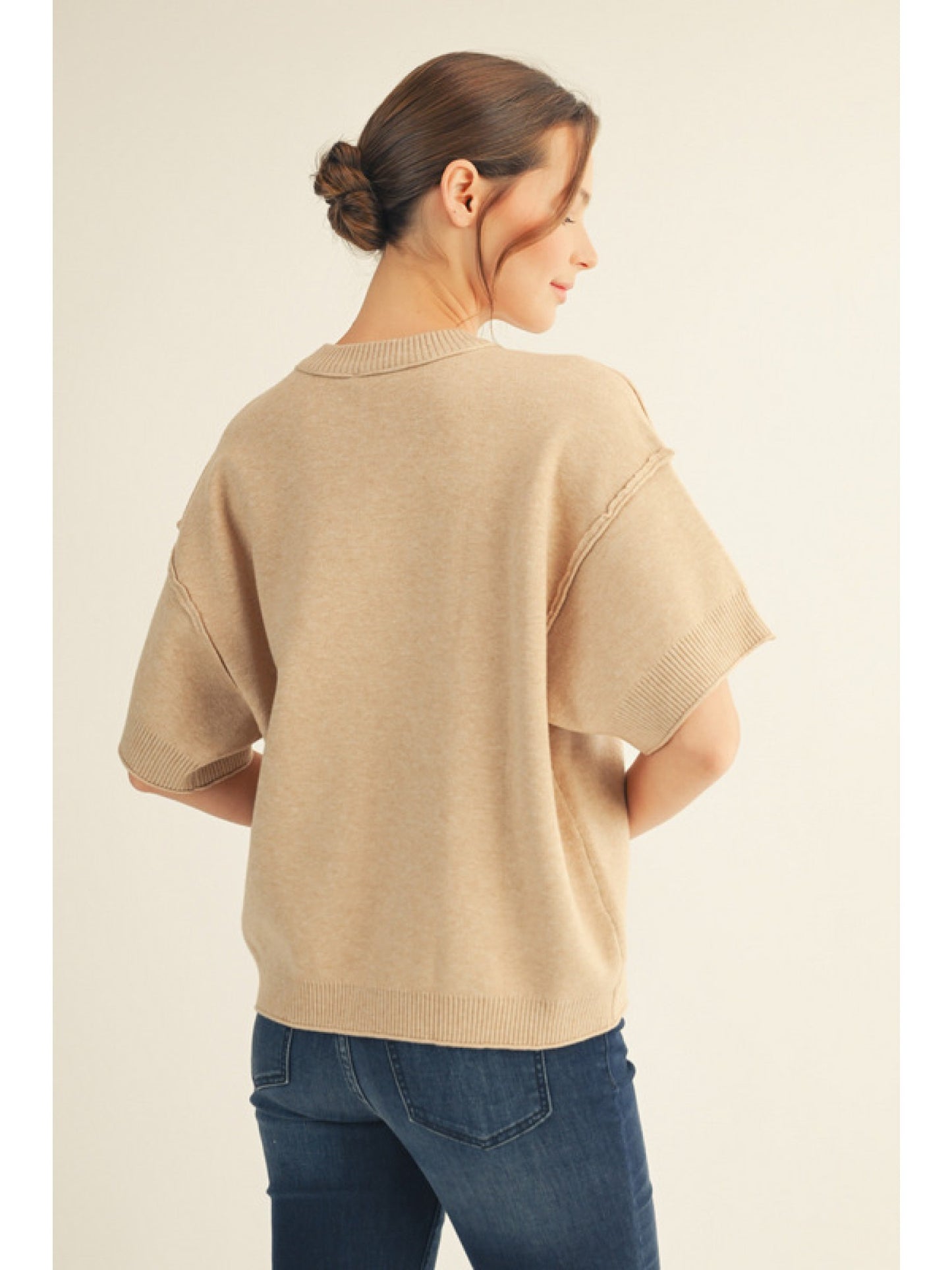 Drop shoulder comfy sweater top with raw edge detail