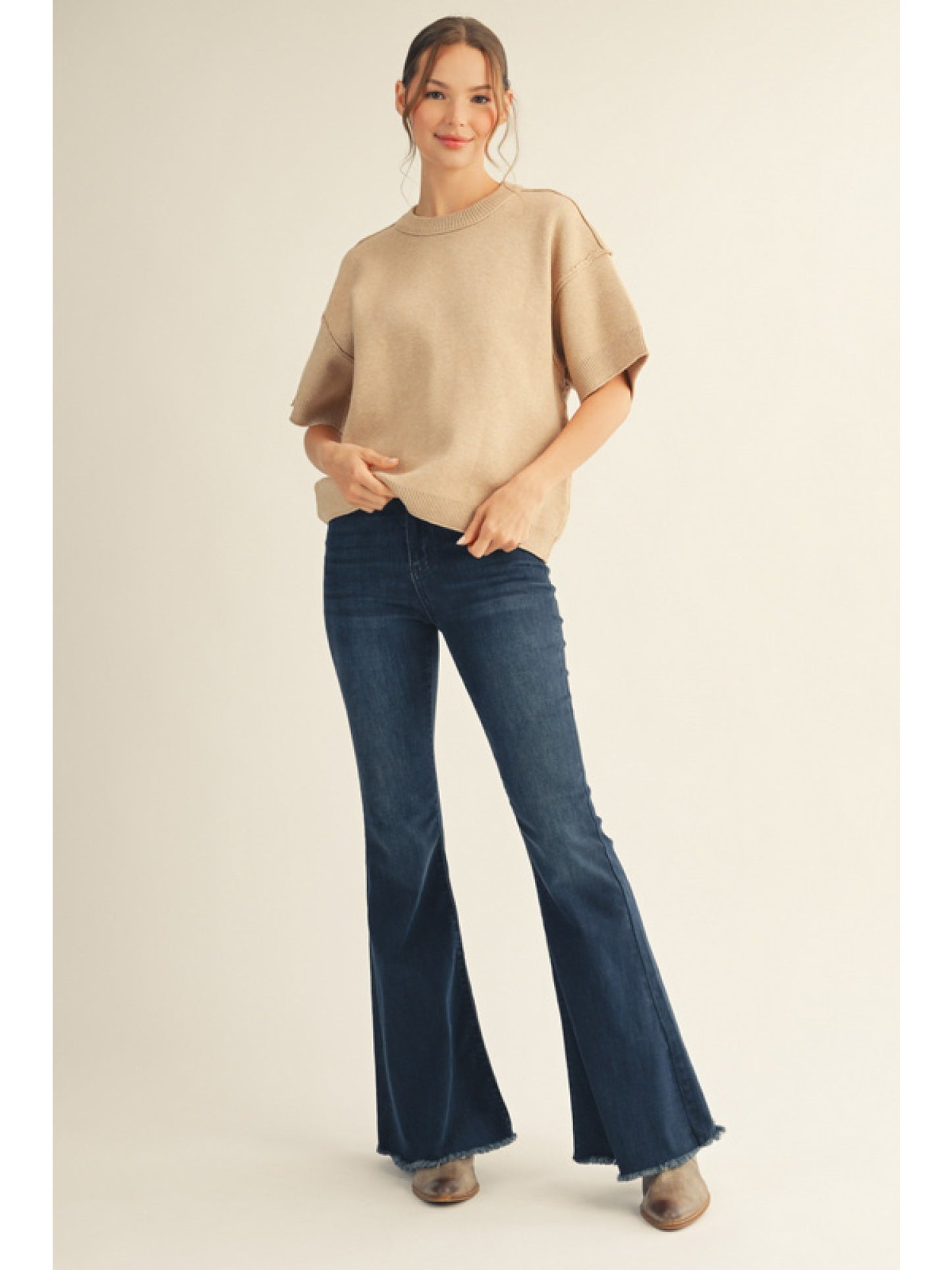 Drop shoulder comfy sweater top with raw edge detail