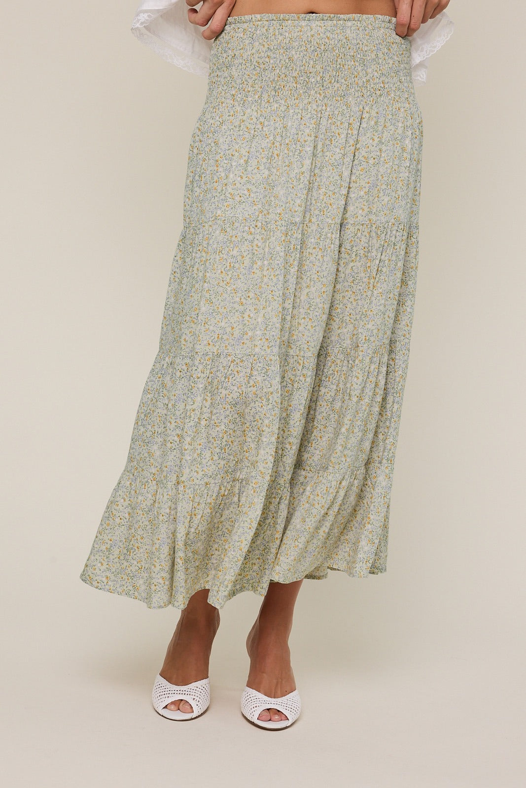 Ditsy floral tiered midi skirt with smocked waistband