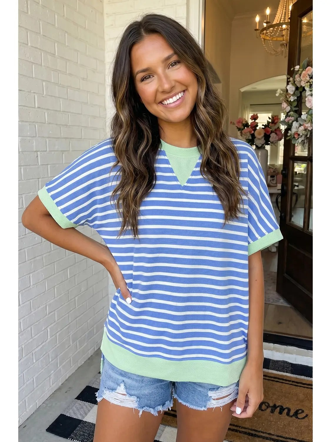 Striped colorblock contrast trim loose top