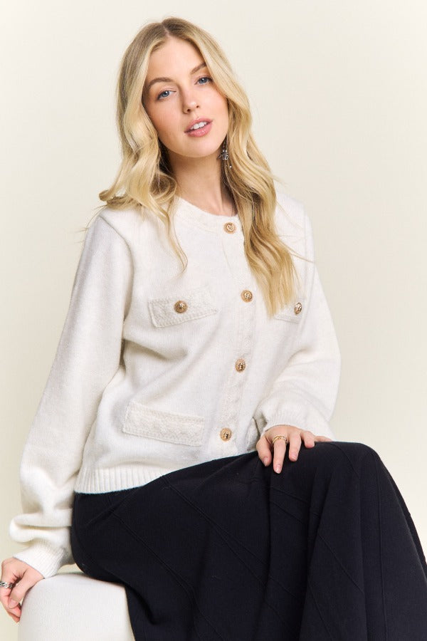 Shimmering gold-button front cardigan sweater