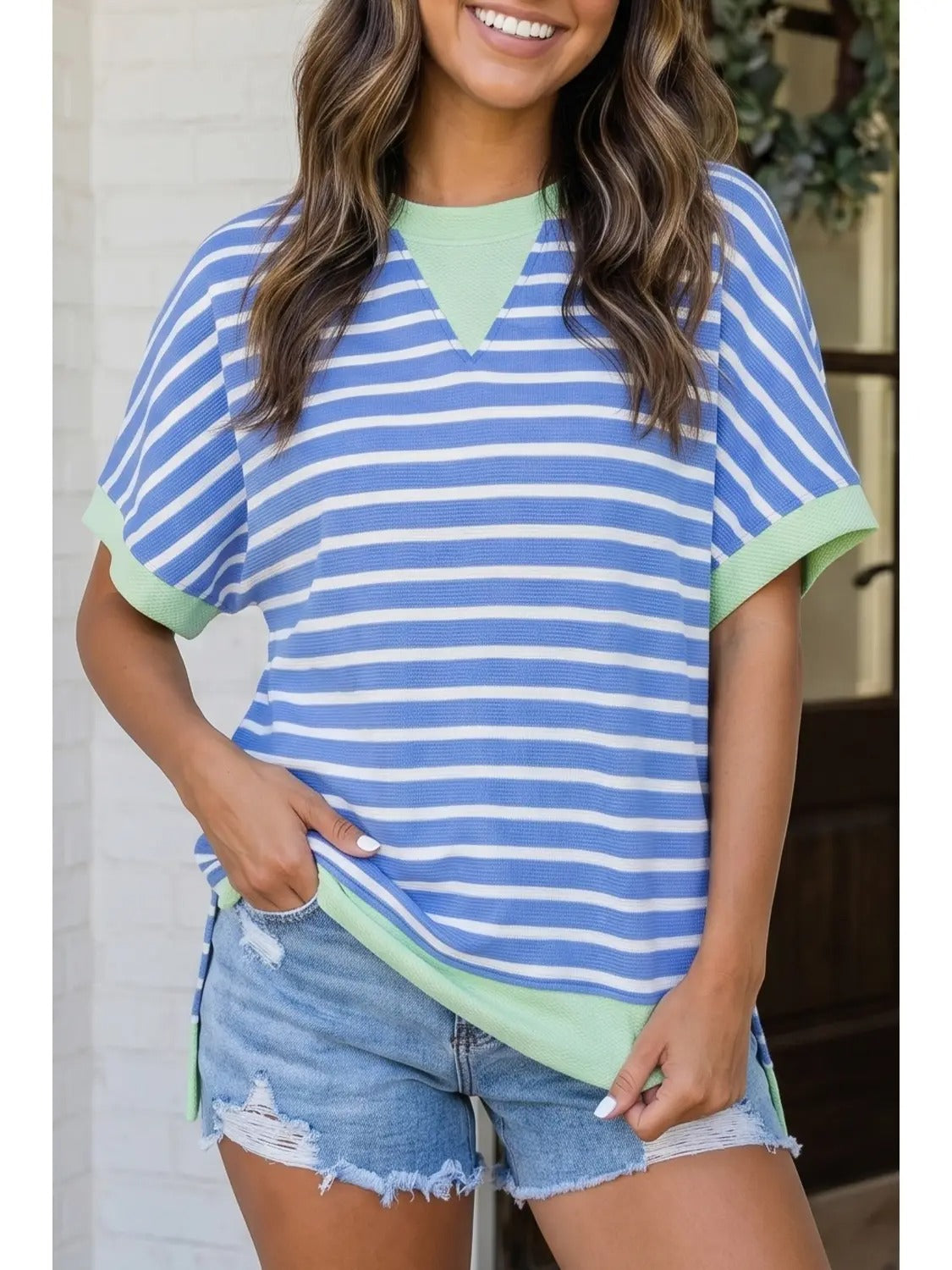 Striped colorblock contrast trim loose top