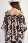 Bubble sleeves printed rayon challis top with elasticized neckline