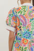 Printed puff sleeve mini dress featuring contrast split V-neck band collar