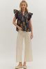 Botanical print short flutter sleeve top featuring pintuck bodice with embroidered trim V-neck