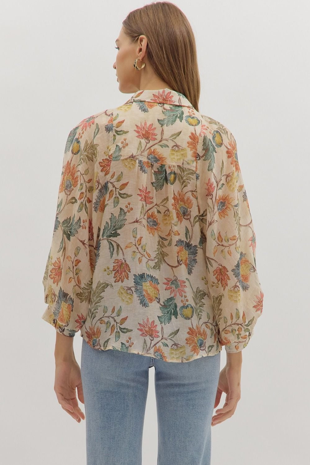 Floral print button-down top featuring dropped shoulders