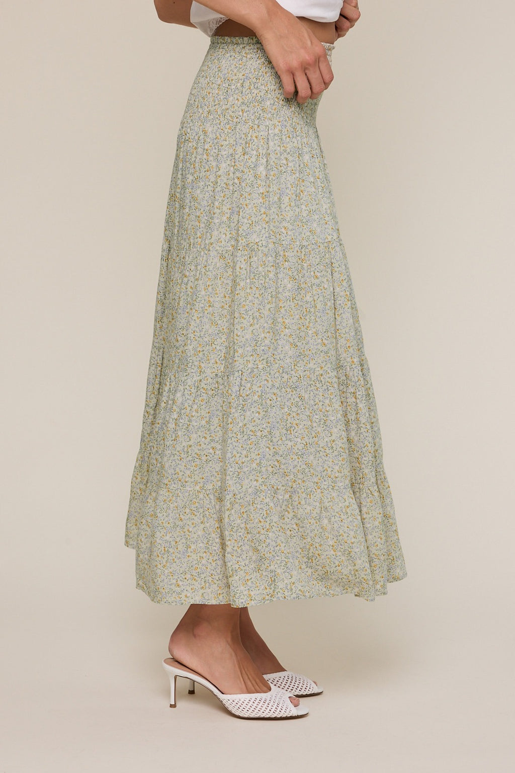 Ditsy floral tiered midi skirt with smocked waistband