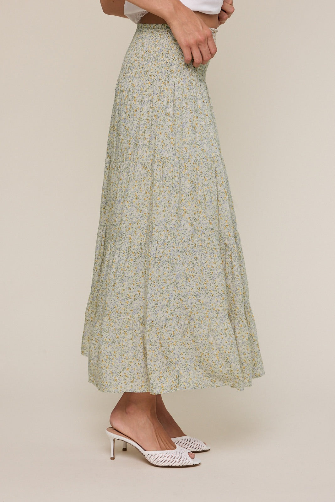 Ditsy floral tiered midi skirt with smocked waistband