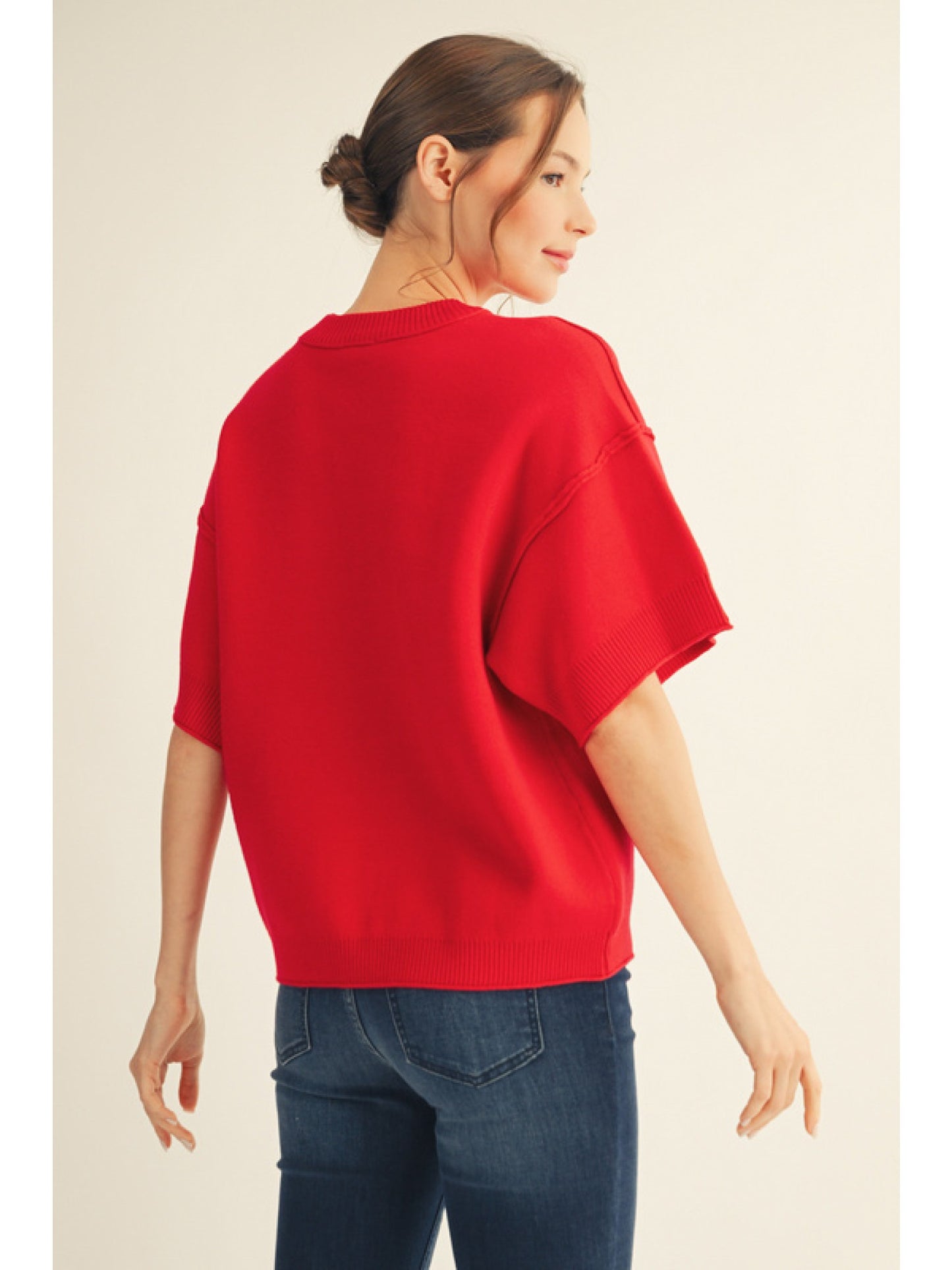Drop shoulder comfy sweater top with raw edge detail