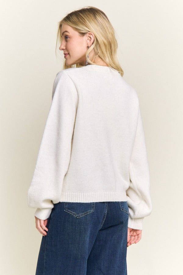 Shimmering gold-button front cardigan sweater