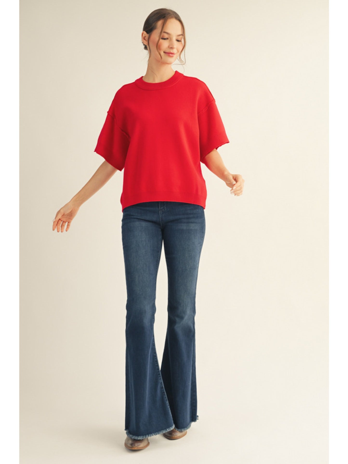 Drop shoulder comfy sweater top with raw edge detail