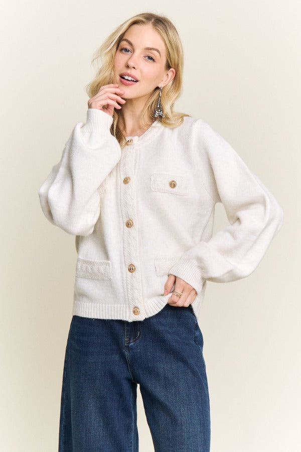 Shimmering gold-button front cardigan sweater