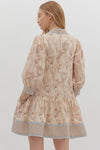 Floral print cuff band 3/4 sleeve ruffle hem mini dress