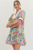 Printed puff sleeve mini dress featuring contrast split V-neck band collar