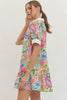 Printed puff sleeve mini dress featuring contrast split V-neck band collar