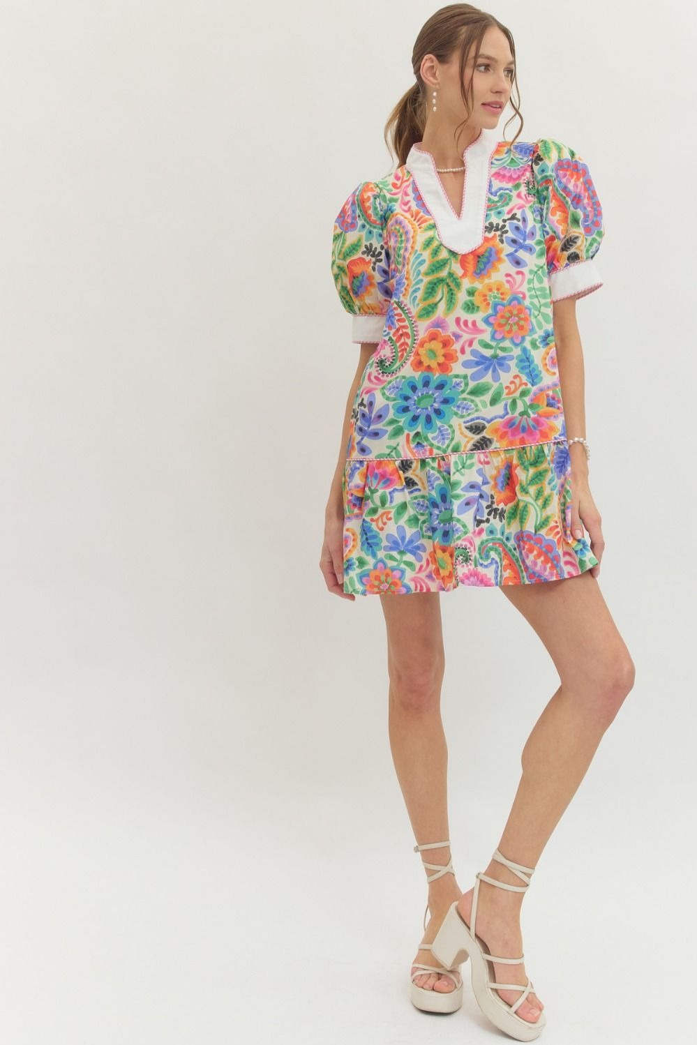 Printed puff sleeve mini dress featuring contrast split V-neck band collar