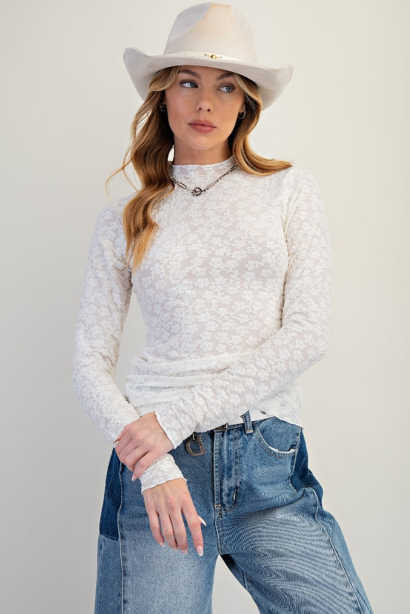 Burnout lace fitted top with textured floral pattern