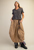 Embroidery stars washed cotton slub top with rolled cuff sleeves