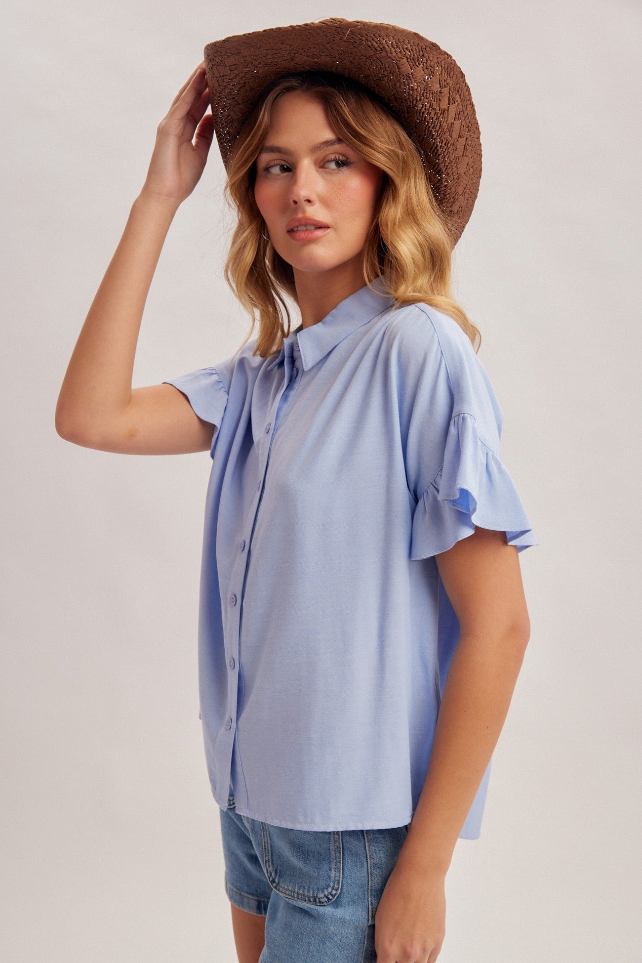 Ruffle sleeve pleated detail button down shirt