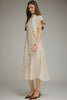 Polka dot short sleeve midi dress featuring a self-tie neck