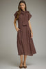 Polka dot short sleeve midi dress featuring a self-tie neck