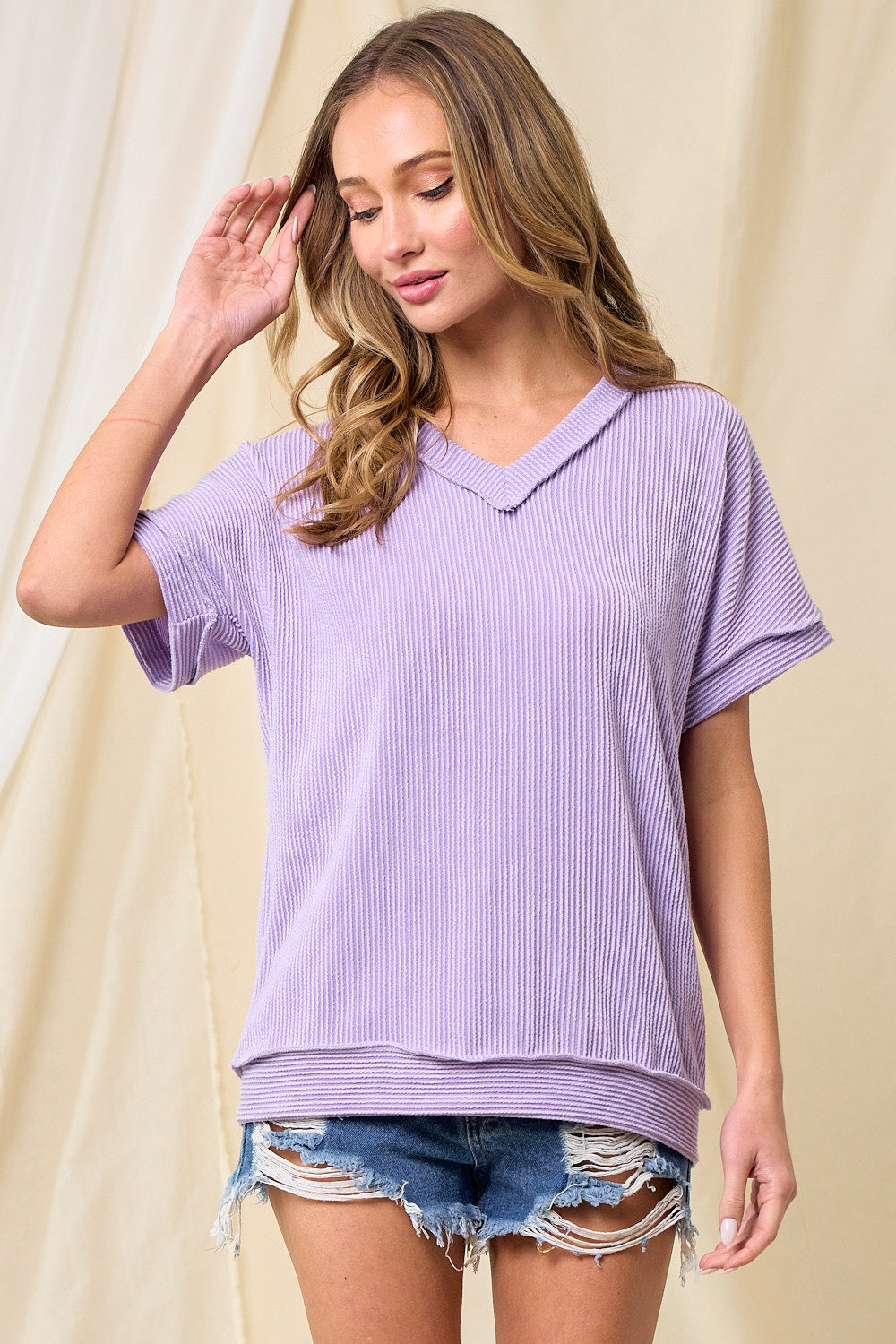 Purple Basic Ribbed V-Neck Top Blouse Lovely Melody   