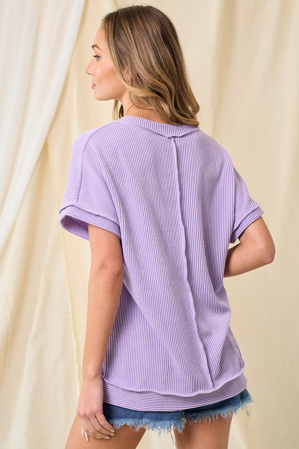 Purple Basic Ribbed V-Neck Top Blouse Lovely Melody   