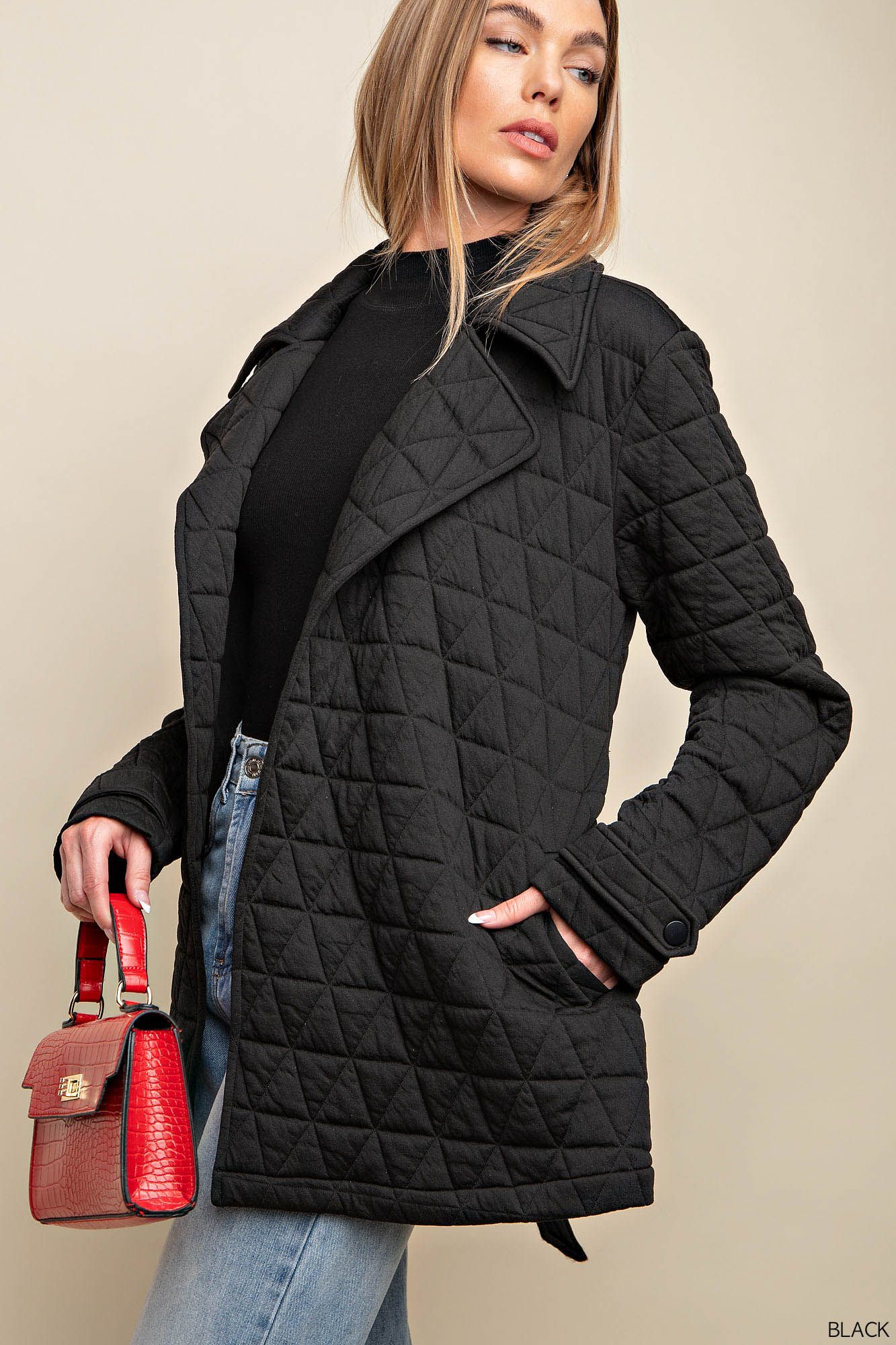 Belted quilt fabric jacket with side pockets Jacket Kori   