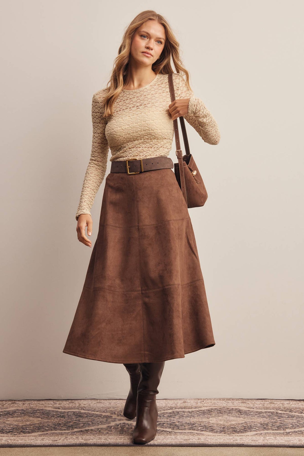 Stretched Suede A-Line Midi Skirt
