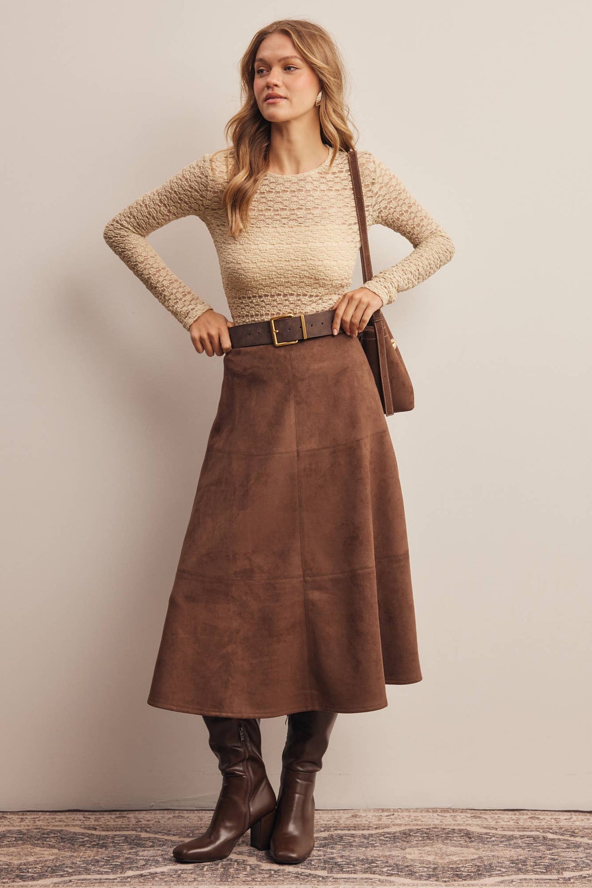 Stretched Suede A-Line Midi Skirt