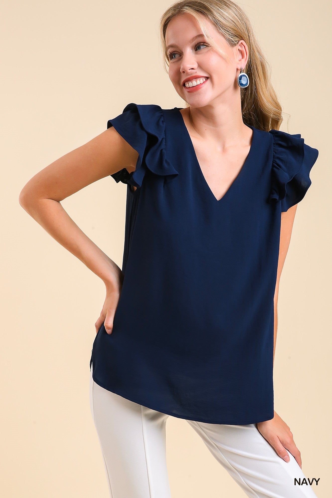 V-Neck Double Layered Flutter Sleeve Blouse with No Lining  Ivy and Pearl Boutique S Navy 