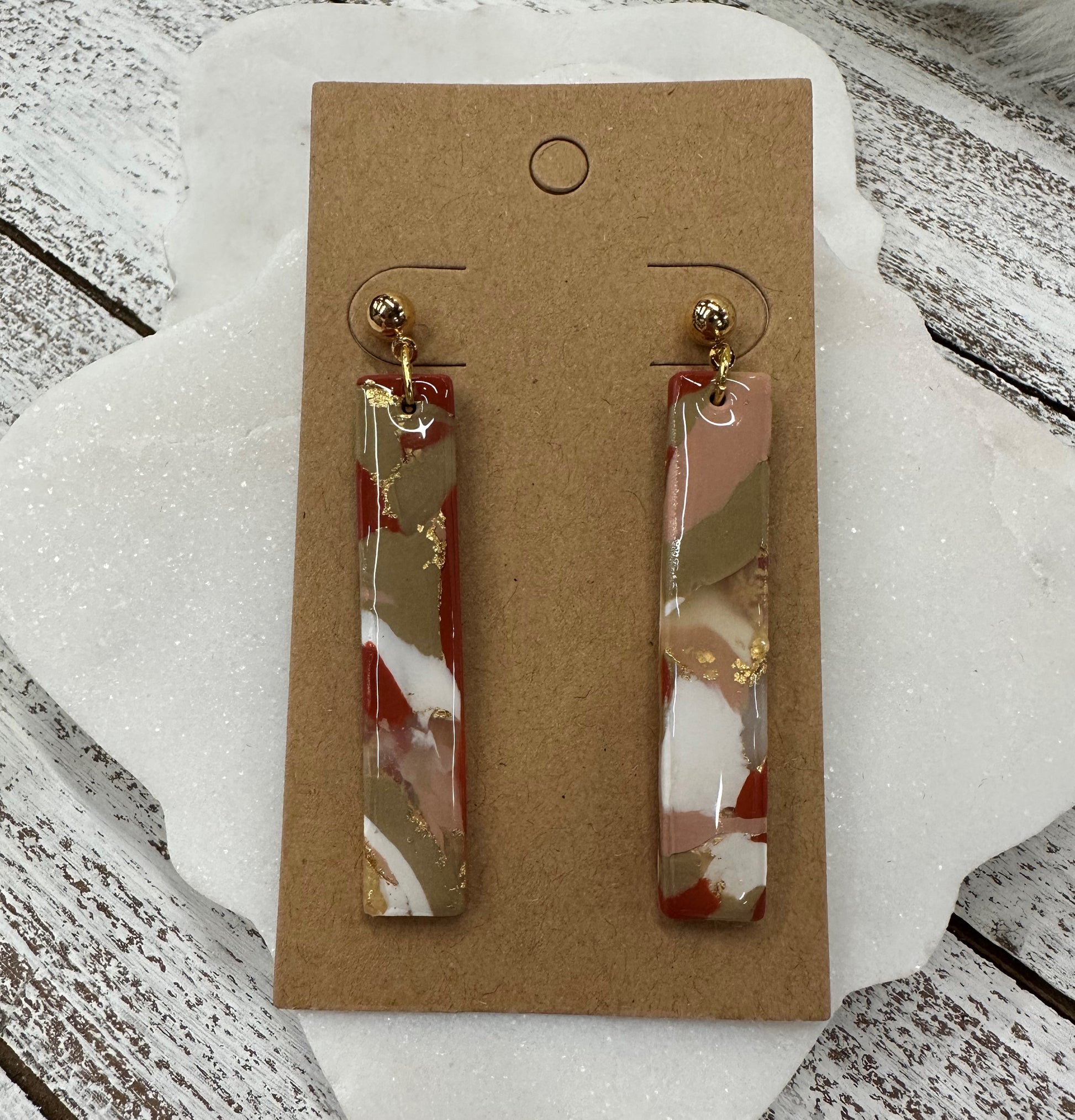 Marbled bars lightweight polymer clay earrings Earrings Lucia J Creations Marbled Pink White Red Turquoise  
