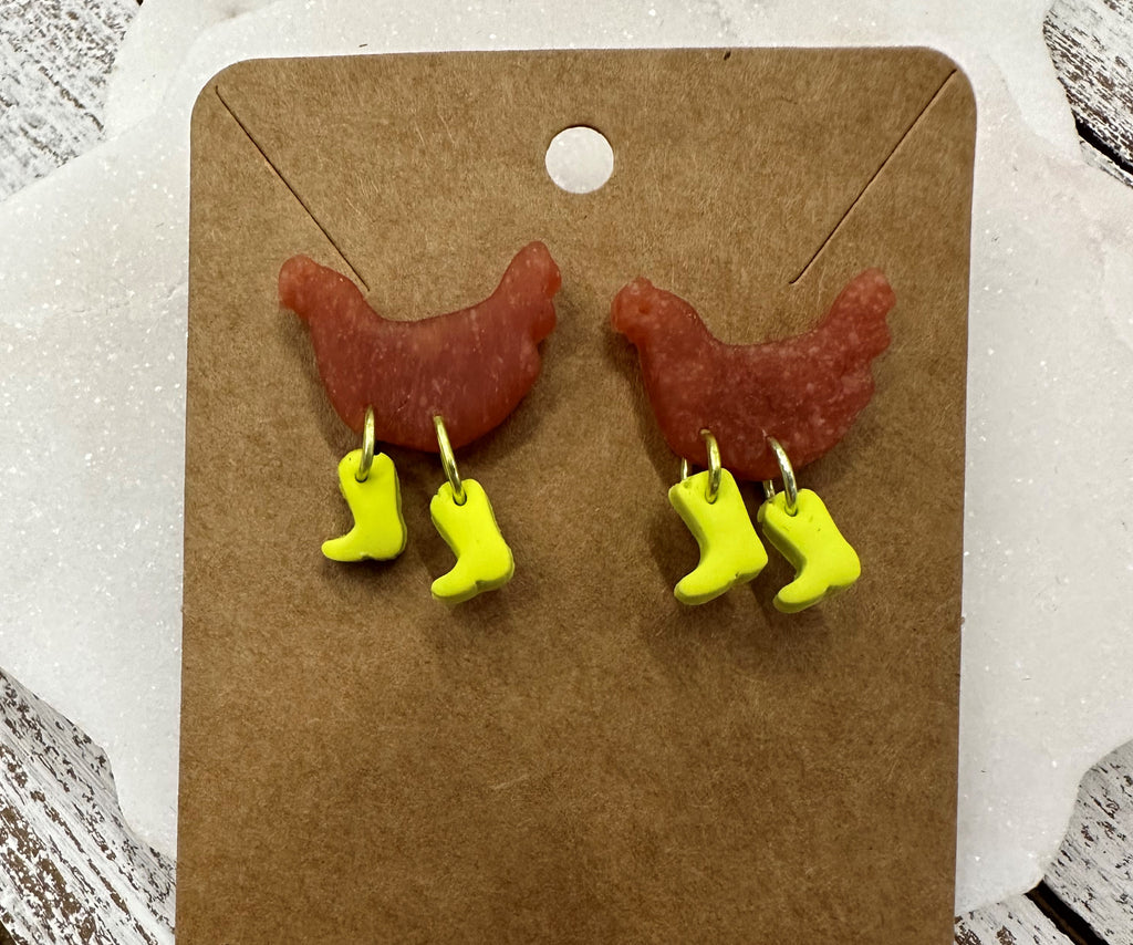 Chickens with boots lightweight polymer clay earrings Earrings Lucia J Creations   