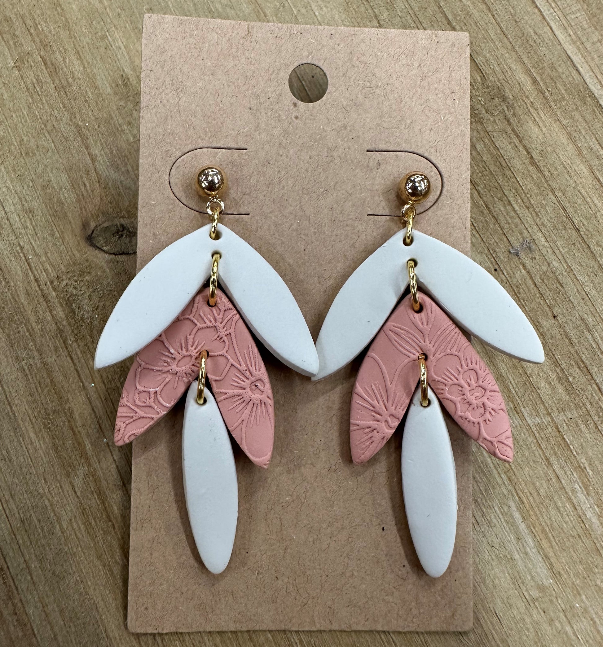 Leaves lightweight polymer clay earrings Earrings Lucia J Creations White/Pink  