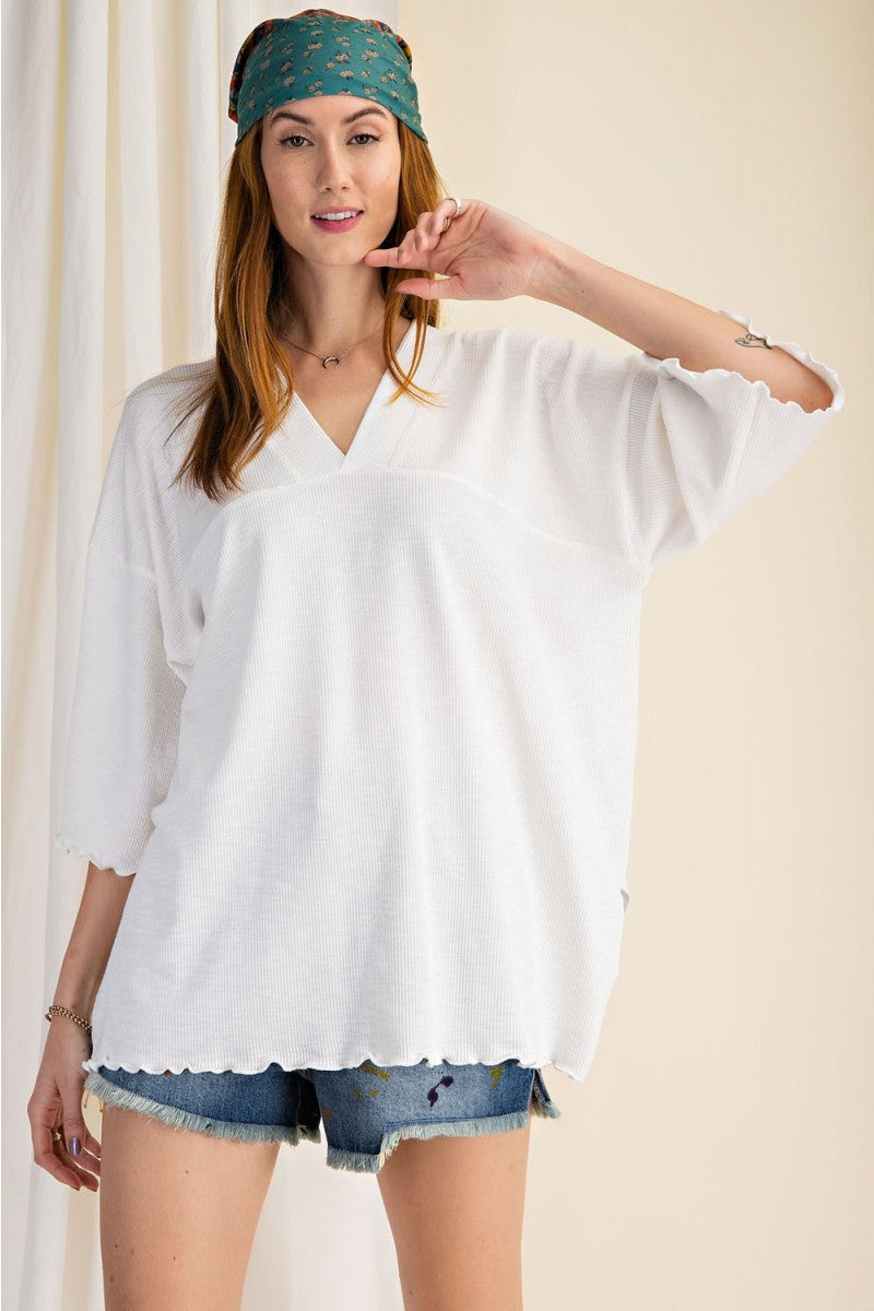 3/4 Sleeves Textured Rayon Rib Double V-Neck Top  Ivy and Pearl Boutique   