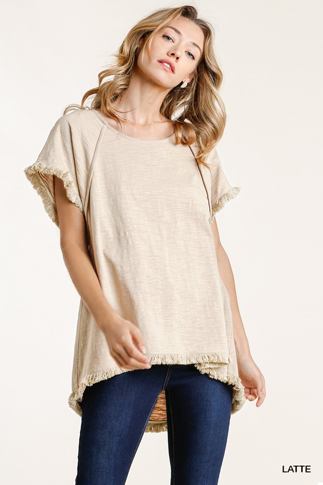Short Sleeve Round Neck Top with High Low Scoop Frayed Ruffle Hem  Ivy and Pearl Boutique Latte S 