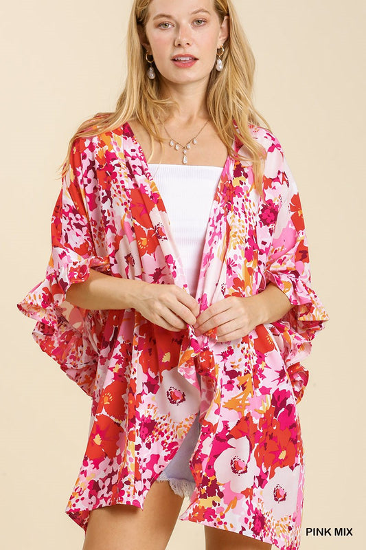 Floral Print Ruffle Sleeve Open Front Kimono with Side Slits  Ivy and Pearl Boutique S/M Pink 