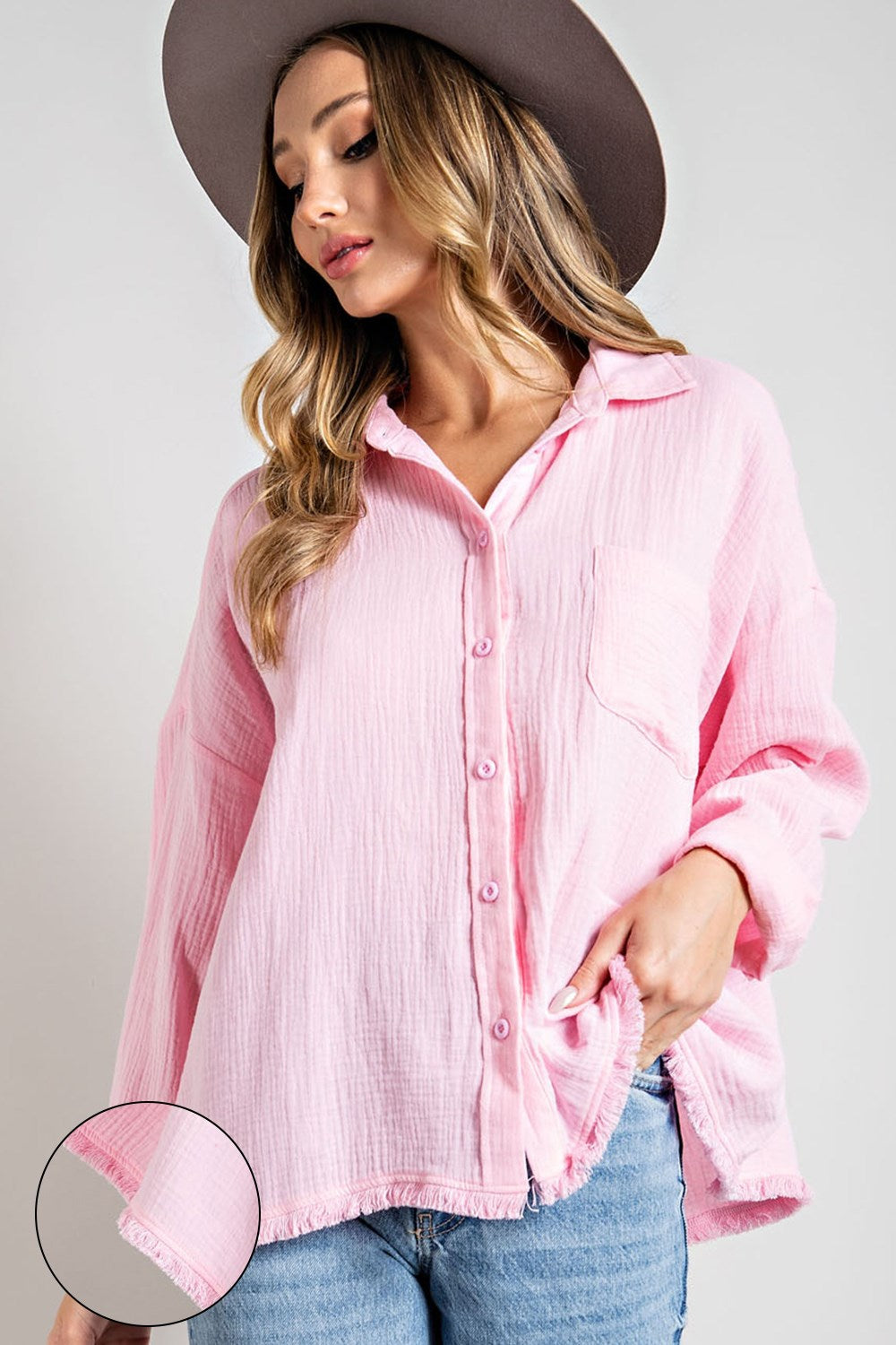 Easy throw over button down top with long sleeves and front pocket Blouse EE:Some   