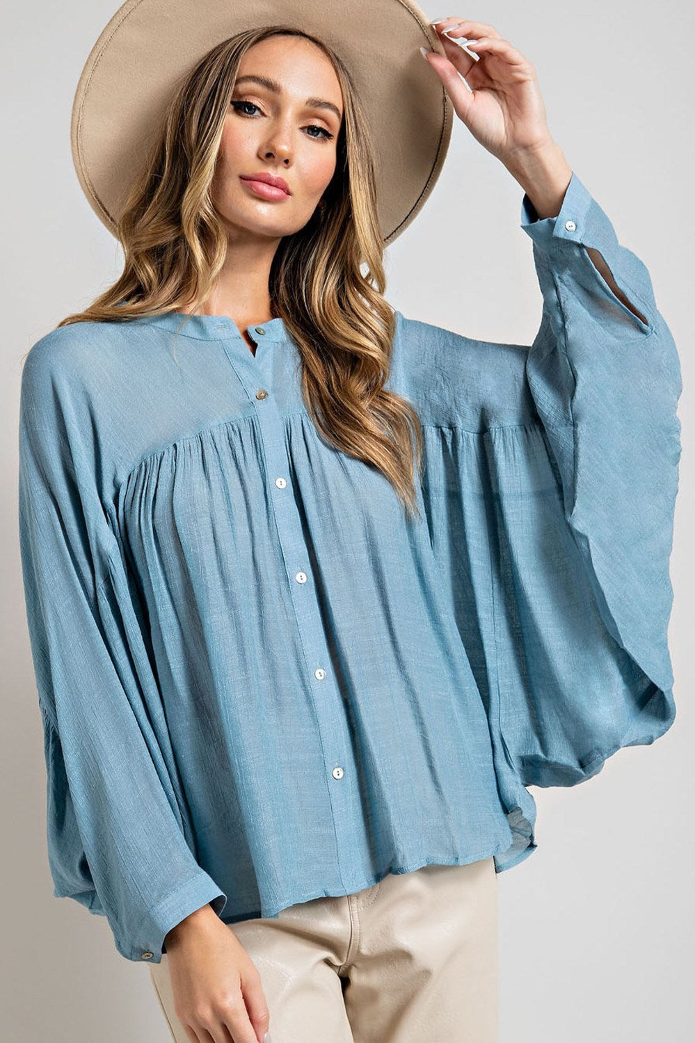 Button down top with long dolman sleeves Blouse EE:Some Small Sage Blue 