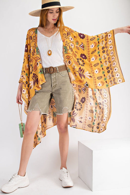 All I Need Flowy Kimono - Scarf Printed Rayon Crepon Kimono  Ivy and Pearl Boutique Mustard Yellow S 