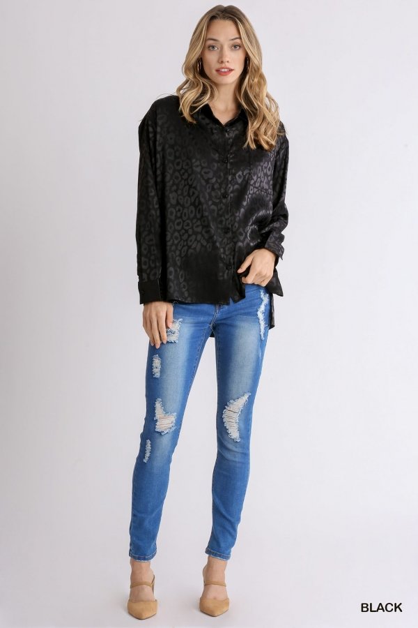 Animal jacquard print button up long sleeve top with chest pocket and side slit  Ivy and Pearl Boutique   