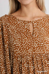 Animal Print 3/4 Sleeve Babydoll Top with Keyhole Front and Smocked Shoulder Detail  Ivy and Pearl Boutique   