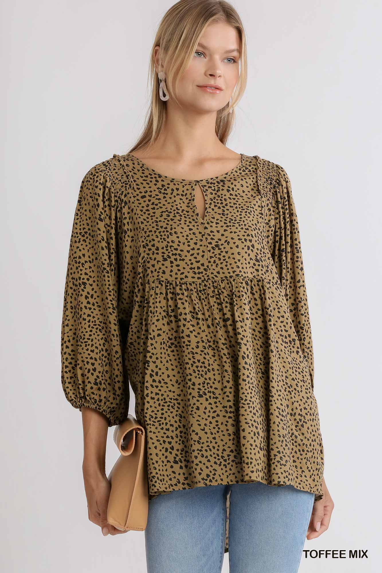 Animal Print 3/4 Sleeve Babydoll Top with Keyhole Front and Smocked Shoulder Detail  Ivy and Pearl Boutique Toffee S 