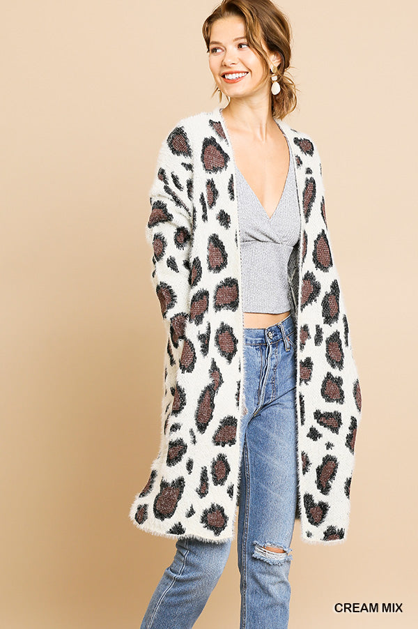 Animal print long sleeve fuzzy long open front sweater cardigan  Ivy and Pearl Boutique Cream S 
